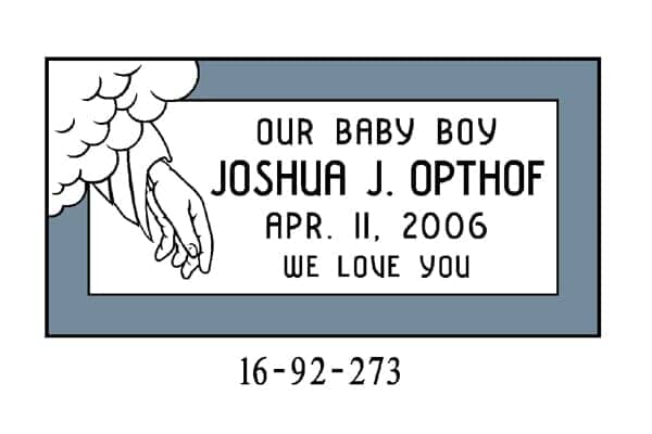 Memorial plaque for Joshua J. Opthof, born April 11, 2006. Text includes 