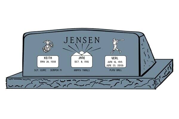 Gray headstone with three name plaques: Keith (Marine), Jane (Mary), and Neal (baseball).