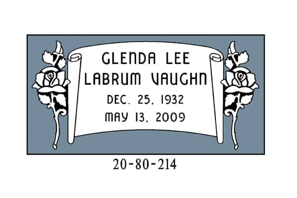 Headstone for Glenda Lee Labrum Vaughn, with dates 1932-2009. Blue background, white scroll, and floral accents.
