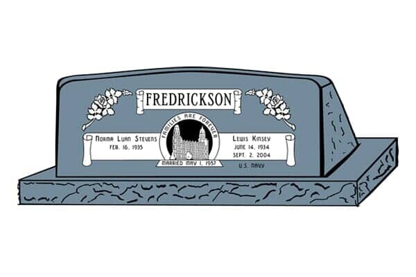 Blue granite headstone, Fredrickson family. Includes names, birth/death dates, and church image.