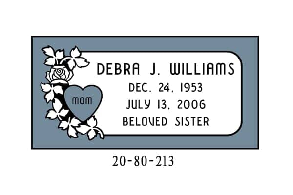 Gravestone for Debra J. Williams: blue frame, white text, floral design, birth/death dates, and 