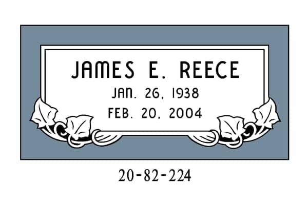 Gravestone: James E. Reece, dates Jan. 26, 1938 - Feb. 20, 2004, with floral design.