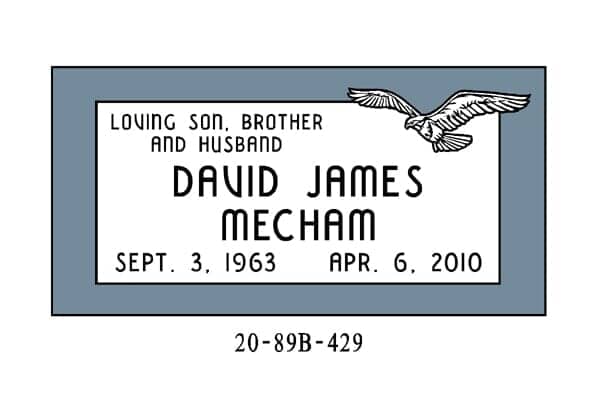 Headstone of David James Mecham, with birth/death dates, 