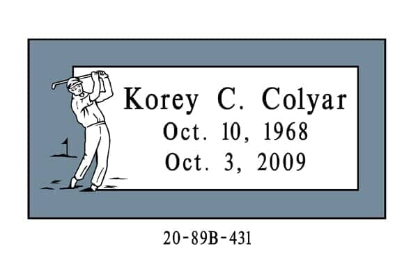 Gravestone of Korey C. Colyar, with golf player illustration. Dates are Oct. 10, 1968, and Oct. 3, 2009.