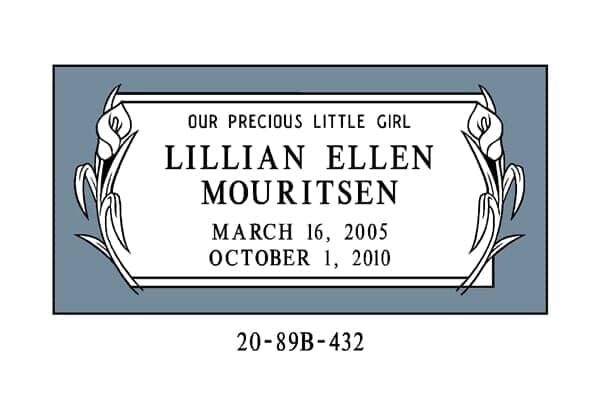 Gravestone for Lillian Ellen Mouritsen, born 2005, died 2010. Features flowers on a blue background.