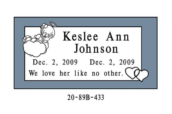 Tombstone for Keslee Ann Johnson, born and died Dec. 2, 2009. Includes angel graphic and text 