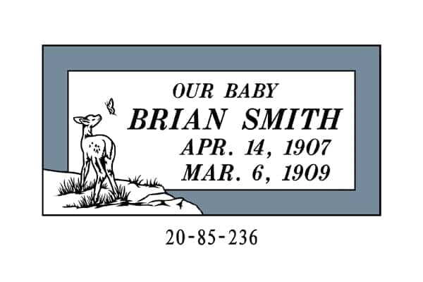 Tombstone for Brian Smith (1907-1909), with deer and the text 