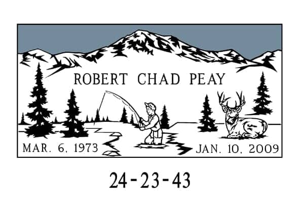 Tombstone with mountain scene, man fishing, deer, name 