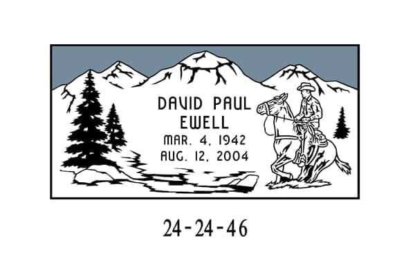 Headstone of David Paul Ewell: mountains, cowboy on horse, tree, dates March 4, 1942 - August 12, 2004.