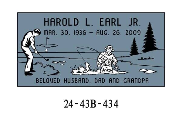 Tombstone with name, dates, and illustrations of a golfer and a fisherman; says 