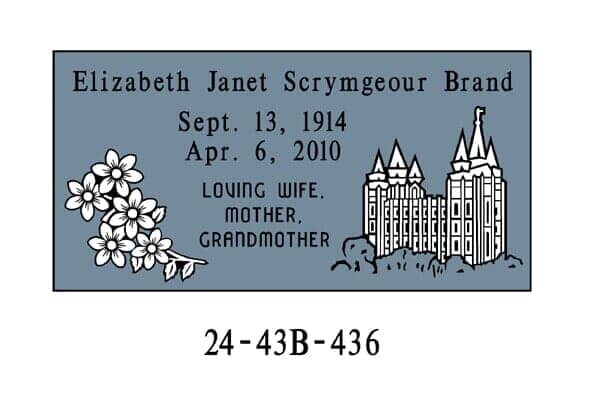 Gravestone with floral and architectural illustrations, listing Elizabeth Brand's name, birth/death dates, and family roles.