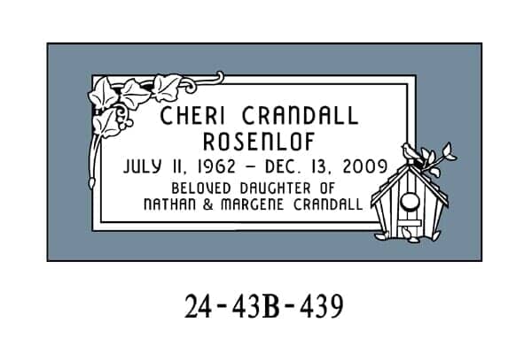 Headstone for Cheri Crandall Rosenlof with name, dates, and 