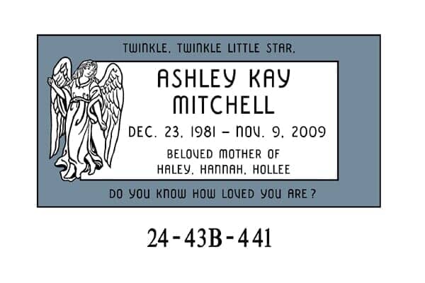 Headstone for Ashley Kay Mitchell, with angel, dates, and 