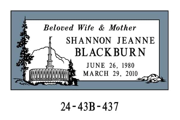 Gravestone for Shannon Jeanne Blackburn: a blue bordered rectangle with text and an illustration of a building and mountains.