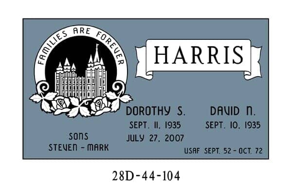 Headstone with the name HARRIS, dates, the phrase 