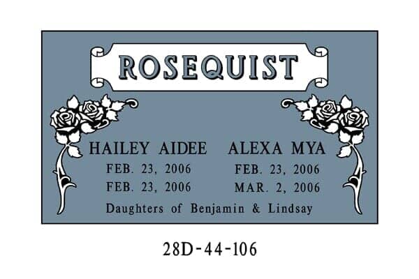 Headstone for Rosequist family. Features names of Hailey Aidee and Alexa Mya, dates of birth and death, and parents' names.