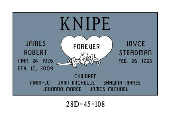 Gray headstone with the name KNIPE, birth/death dates, a heart, and the names of children.