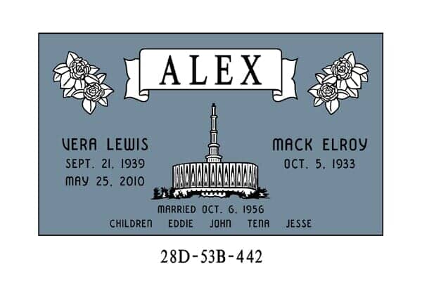 Headstone for Vera Lewis and Mack Elroy, includes names, dates, and an illustration of a building.