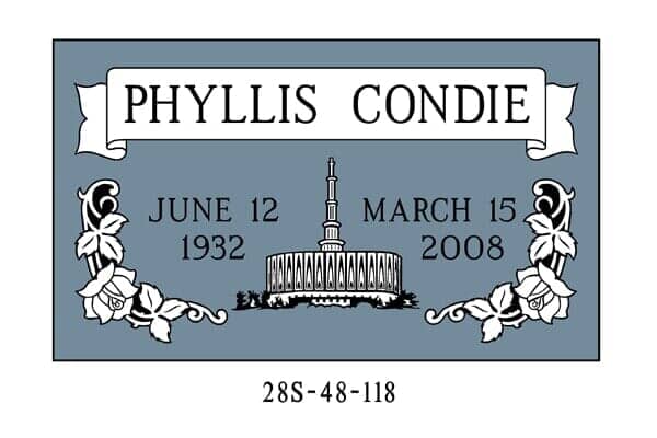 Gray headstone for Phyllis Condie with dates 1932-2008 and a temple illustration.