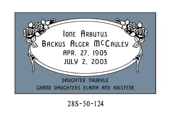 Blue headstone with floral design, listing Ione Arbutus Backus Alger McCauley's birth and death dates, and family.