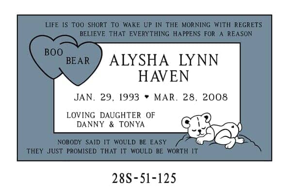 Headstone of Alysha Lynn Haven with birth/death dates, loving messages, and a sleeping bear graphic.