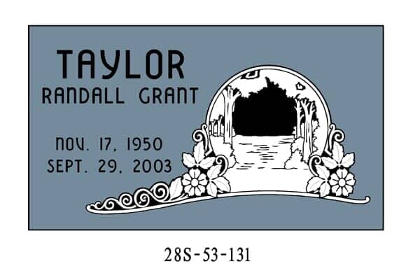 Headstone for Randall Grant Taylor: Name, dates, and landscape design in blue.