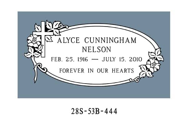 Headstone with name Alyce Cunningham Nelson, birth/death dates, and 