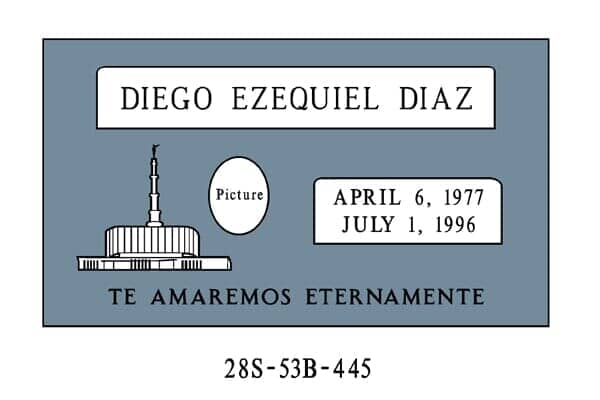 Gravestone of Diego Ezequiel Diaz. Includes birth/death dates, temple image, text in Spanish, and a place for a picture.