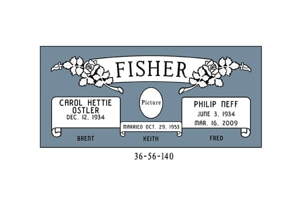 Gravestone for the Fisher family: Carol Ostler, Philip Neff, and their wedding date.