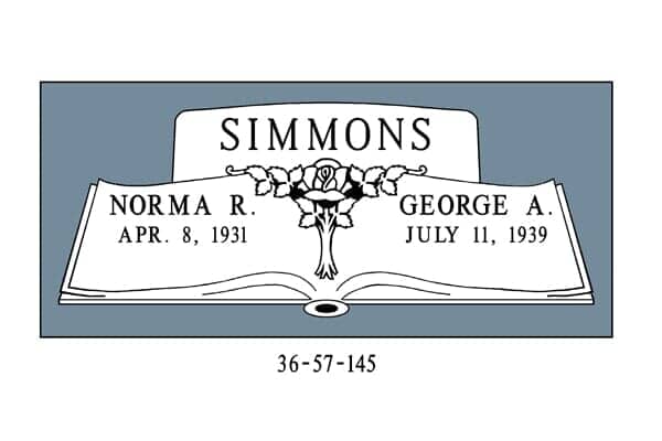 Headstone for Simmons family; blue background. Includes names, birthdates, and a cross.