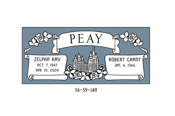 Headstone for Zelpha Kay (1947-2009) and Robert Grant (1945), with name Peay. Blue design with flowers.