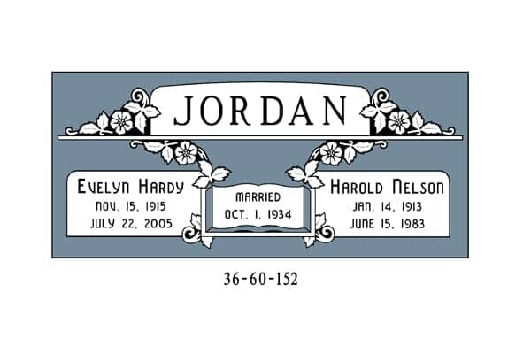 Headstone for the Jordan family: Evelyn Hardy Jordan (1915-2005) and Harold Nelson Jordan (1913-1983), married Oct 1, 1934.