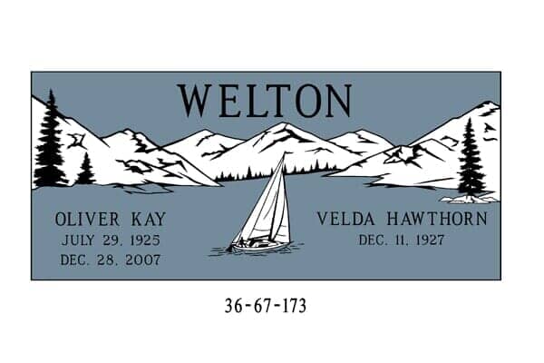 Gray headstone with a lake scene. Names: Oliver Kay, Velda Hawthorn. Birth/death dates. 