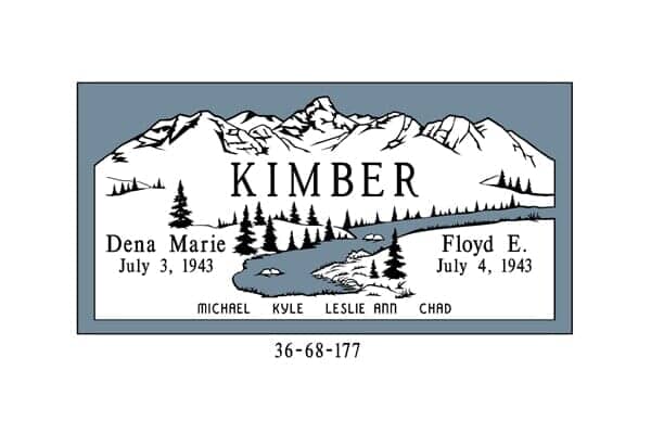 Headstone for the Kimber family: mountain scene, names, and dates.