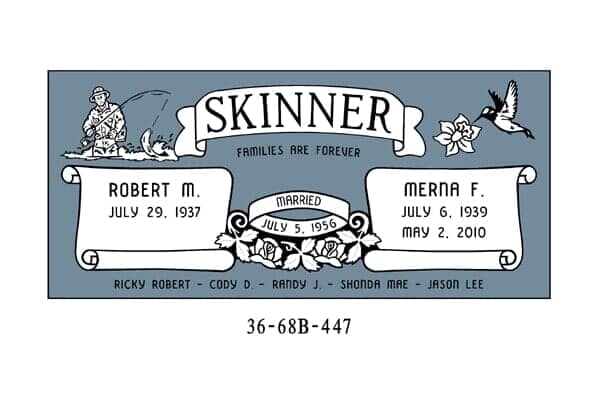 A blue headstone for the Skinner family, with names, dates, and a fishing illustration.