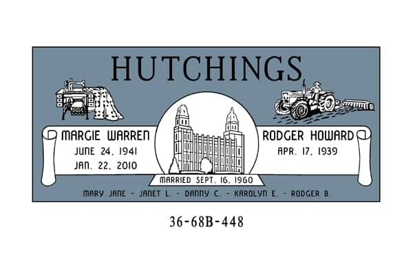 Tombstone for Hutchings family: Margie and Rodger with date of birth, death, and marriage. Includes line drawings of a tractor, buildings.