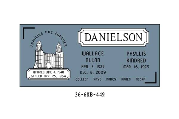 Headstone for Wallace and Phyllis Danielson. Gray with names, dates, 