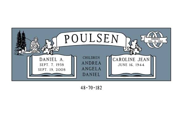 Headstone for Daniel A. Poulsen and Caroline Jean. Includes names, birth/death dates, and children's names.