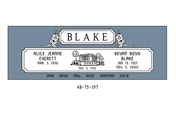 Gravestone of the Blake family: Alice, Beurd and their children's names listed below. Dates range from 1936 to 2000.