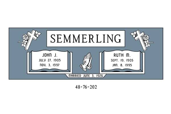 Headstone for John J. and Ruth M. Semmerling, with birth/death dates, praying hands, cross and flower details.
