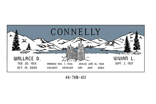 Gravestone for Connelly family with names and dates, mountain scene, and Salt Lake Temple.