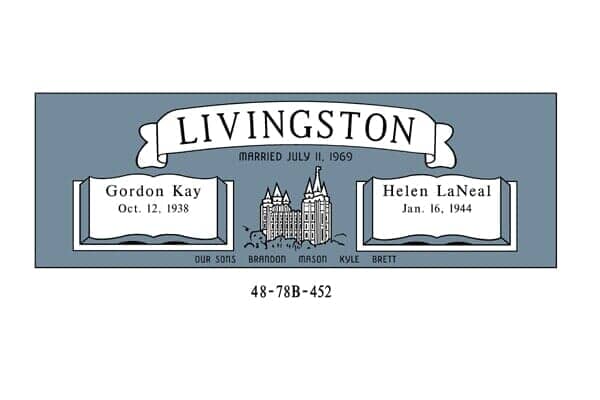 Headstone for the Livingston family; shows names, dates, and an image of a building.