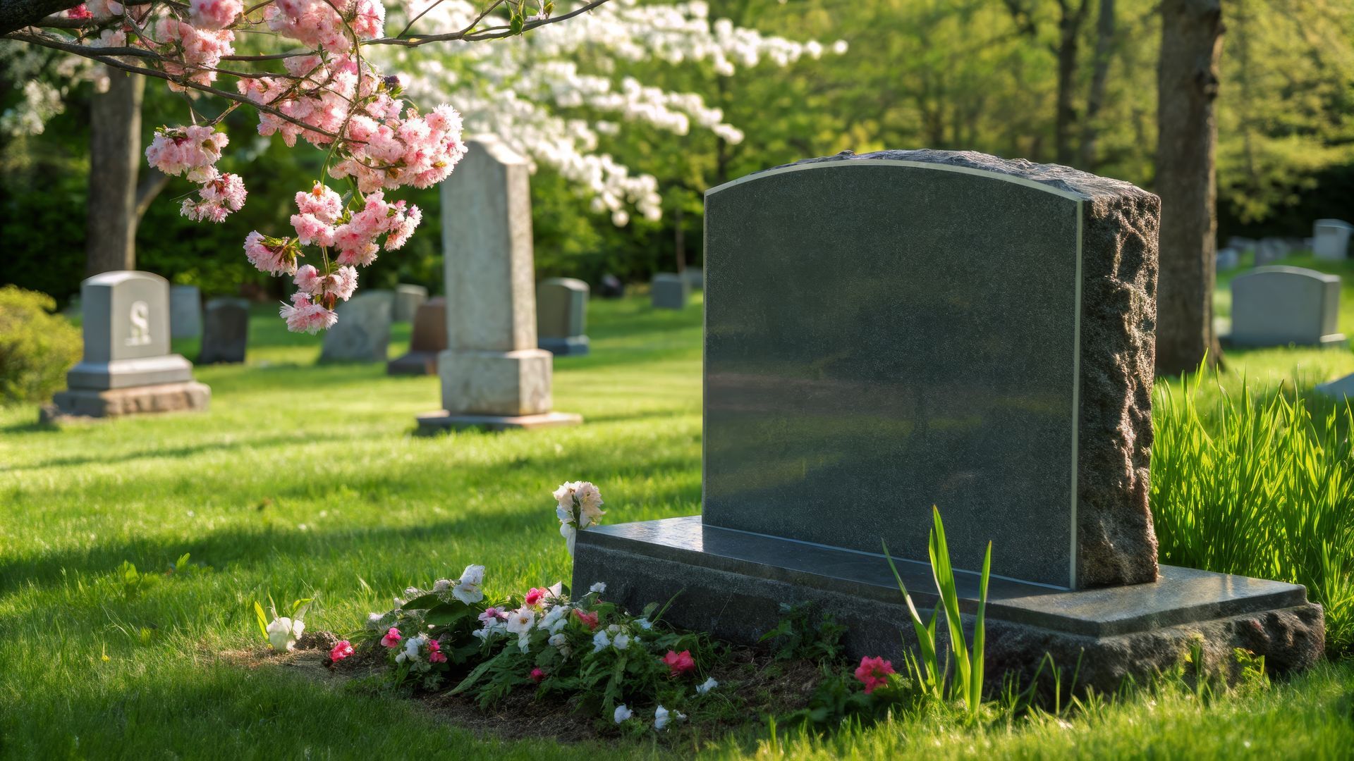 Blank granite headstone in a sunny cemetery with pink cherry blossoms.