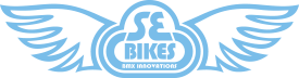 A blue logo for se bikes with wings on a white background