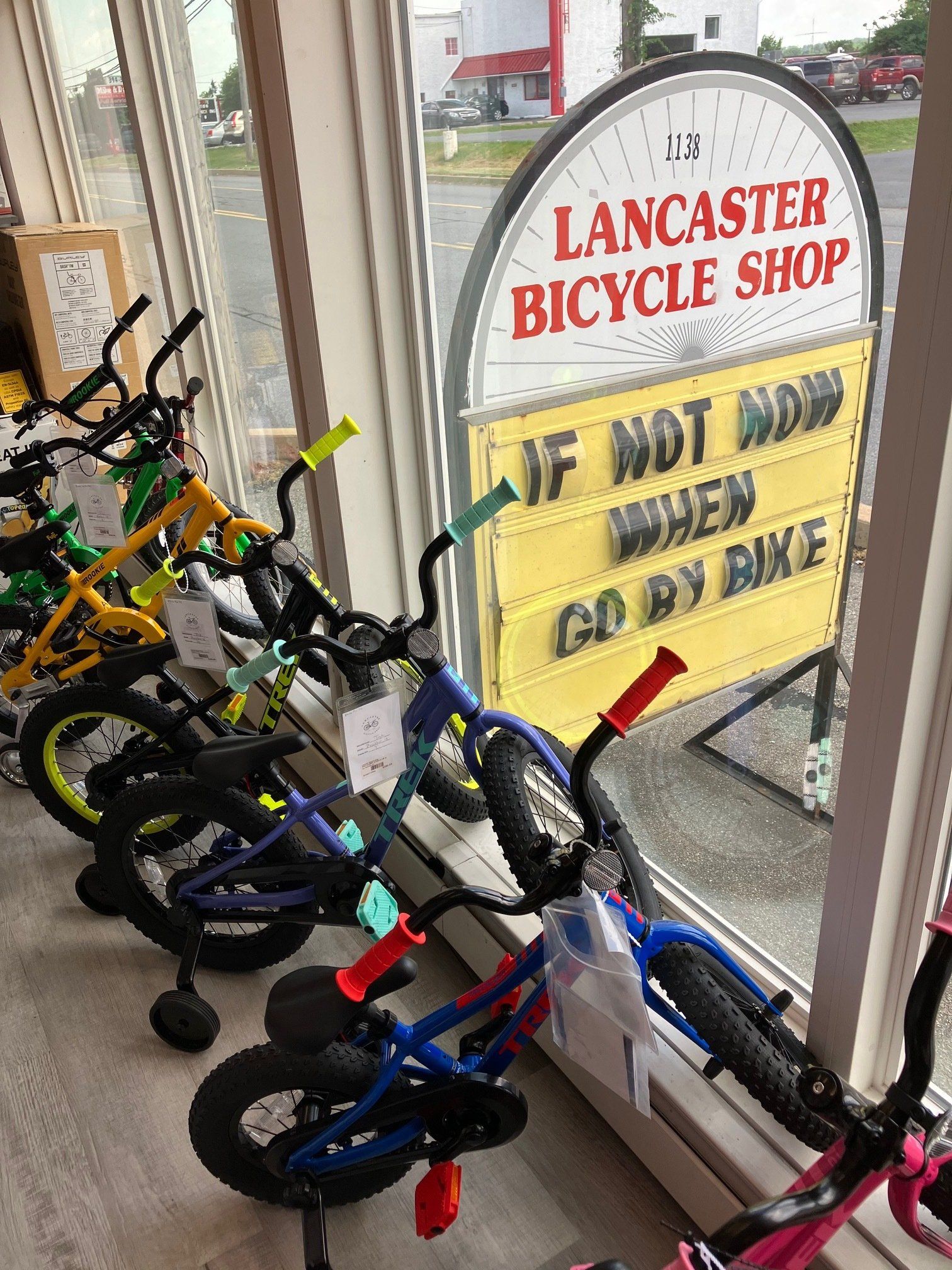 A row of bicycles are lined up in front of a window in a bicycle shop.
