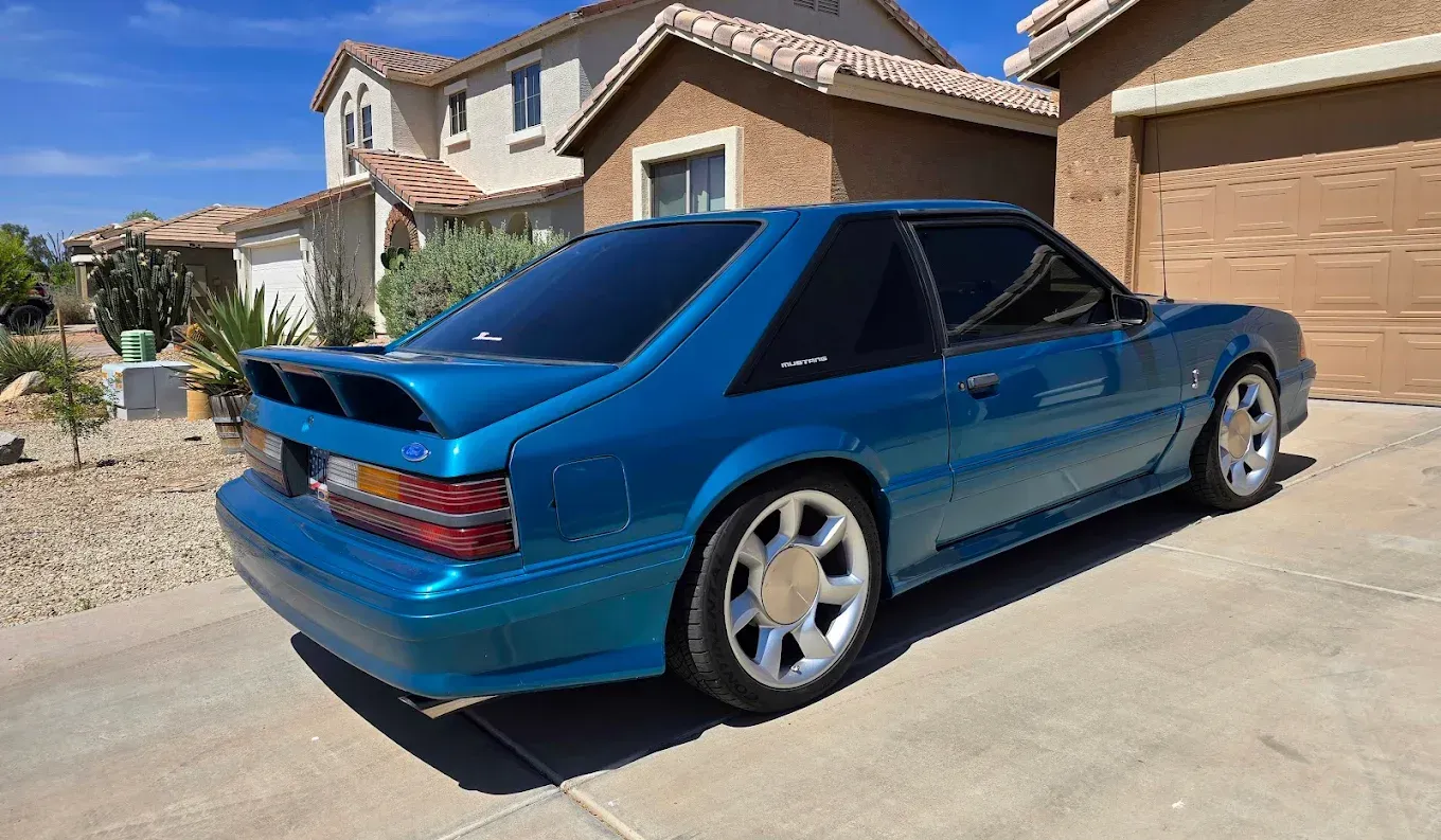 Tinted windows on a blue Ford Mustang.