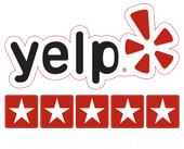 Yelp logo with five red star ratings. The logo is red and white.