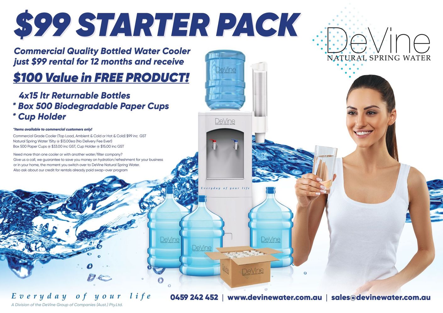 Ad for Devine water: water cooler, bottles, and a woman smiling, with the text Ad for Devine water: water cooler, bottles, and a woman smiling, with the text