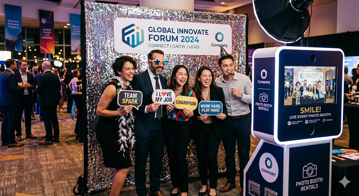 Group posing at Global Innovate Forum 2024, holding signs beside a glowing promotional booth.