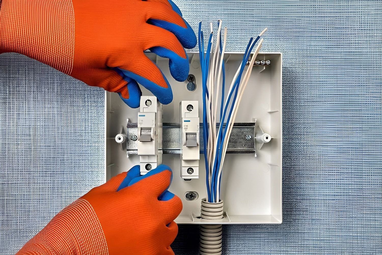 Electrician Installing Circuit Breakers In A White Electrical Box